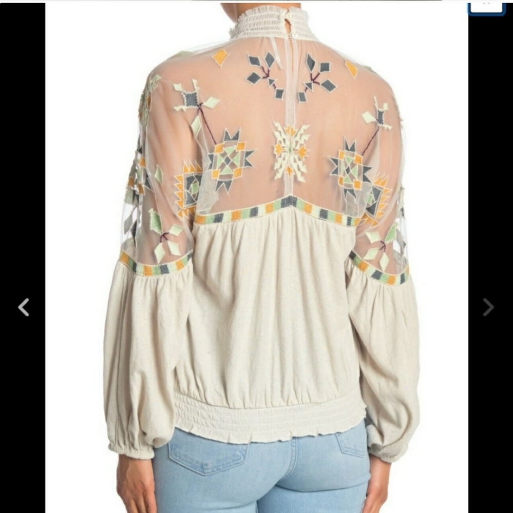 Free People Cream Blouse with Multicolor Embroidered Yoke - Picture 4 of 5